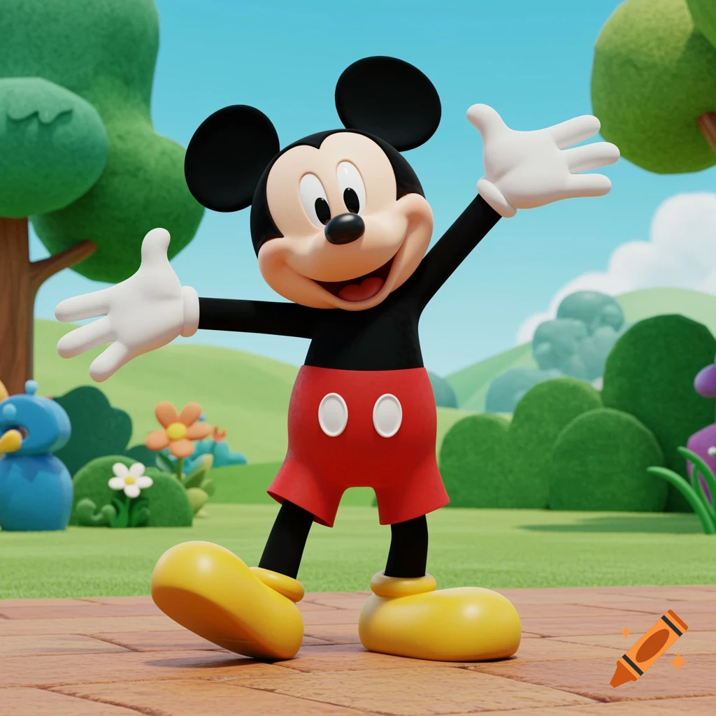 A 3D render of Mickey Mouse standing in a park with arms open