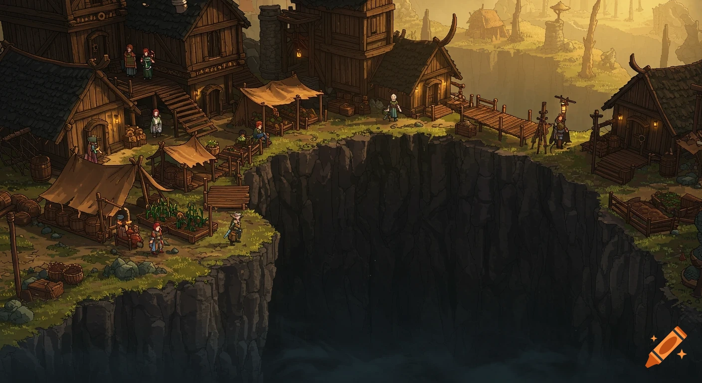 Pixel art fantasy village on the edge of a deep abyss, with buildings, market stalls, and characters.