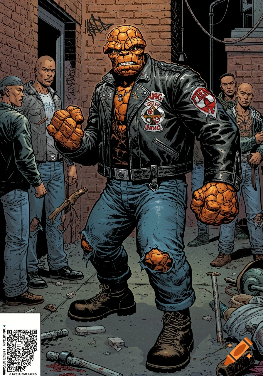 The Thing from Marvel Comics wearing a biker jacket and jeans, standing with a street gang in a gritty alley, comic book style.