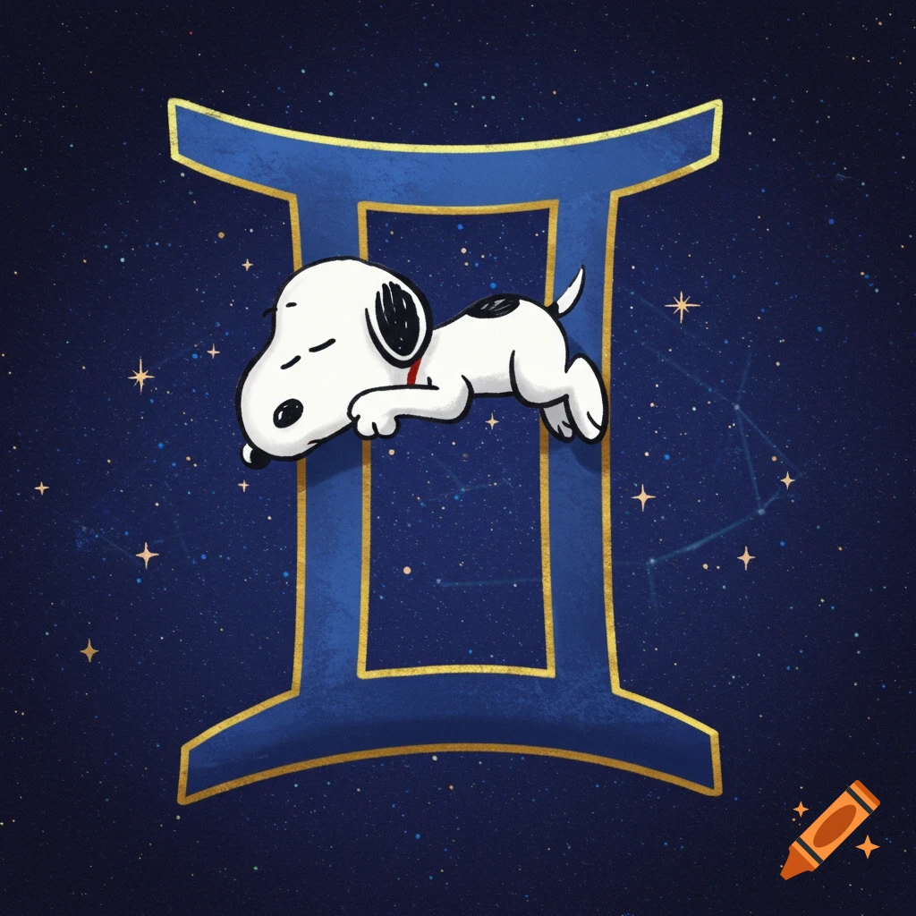 Snoopy sleeps curled up on a large blue Gemini zodiac symbol set against a starry space background.