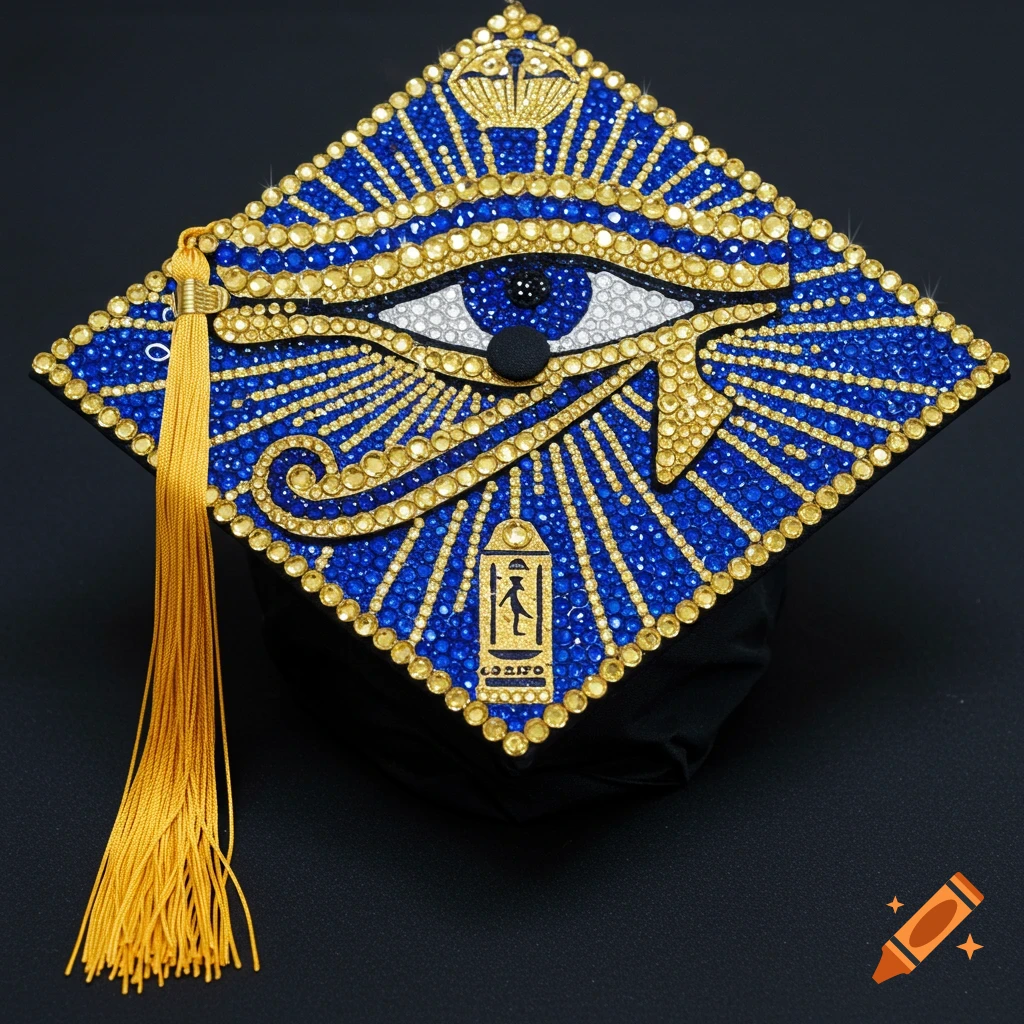 Graduation cap decorated with blue and gold crystals forming an Eye of Ra design with a gold tassel.