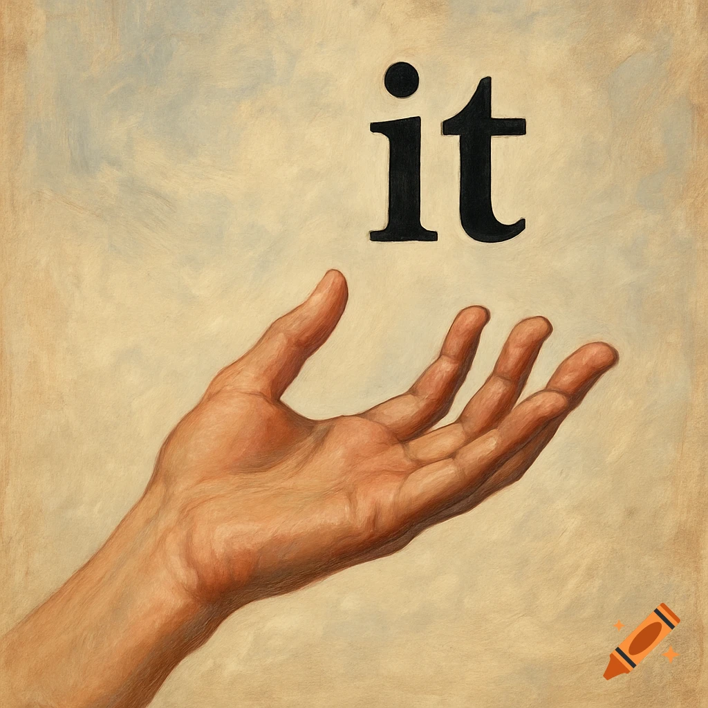 Painting of a hand underneath the word 'it' floating above it.