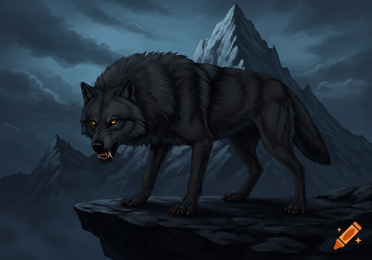 A black wolf with glowing eyes stands on a rock cliff overlooking mountains under a cloudy sky.