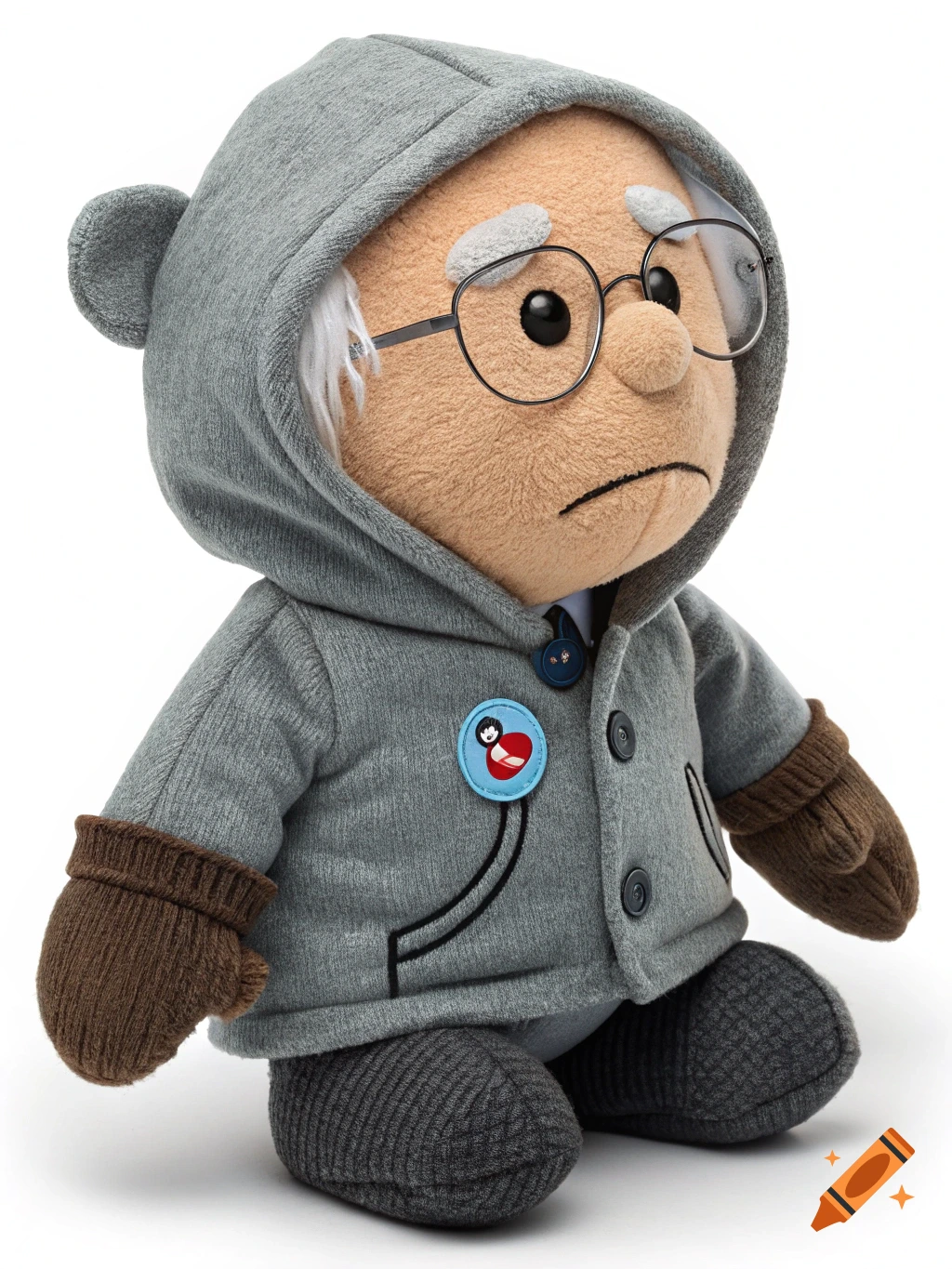 A plush toy of Bernie Sanders wearing a grey coat, hood, and brown mittens.