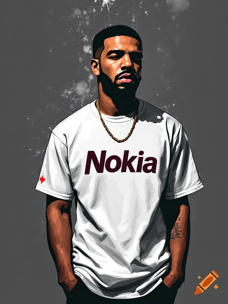 Graphic illustration of a person resembling Drake wearing a white t-shirt with 'Nokia' written on it.