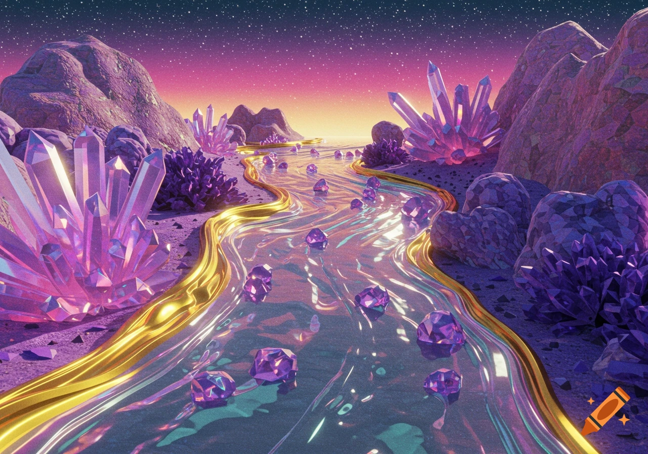 Low-poly 3D fantasy landscape with large purple crystals and a winding golden river under a starry sky.
