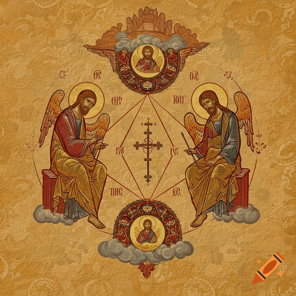 Orthodox icon style image with two angels pointing to a cross, with smaller figures above and below.