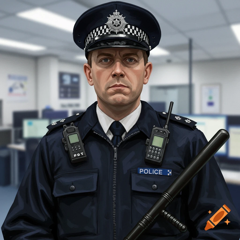 Digital painting of a UK police officer in uniform and hat, standing in an office, holding a baton.