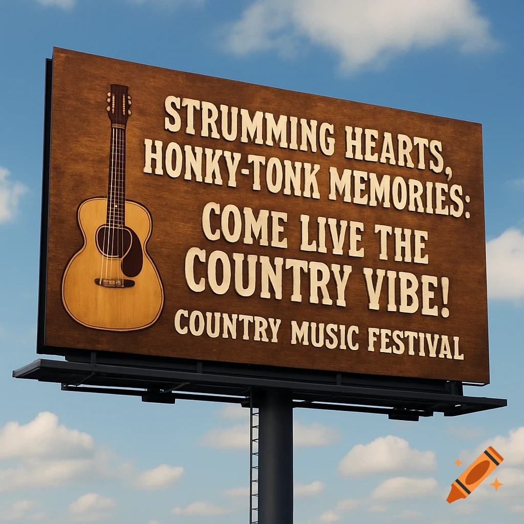 Billboard for country music festival with guitar and text 'Strumming Hearts...Country Vibe!'