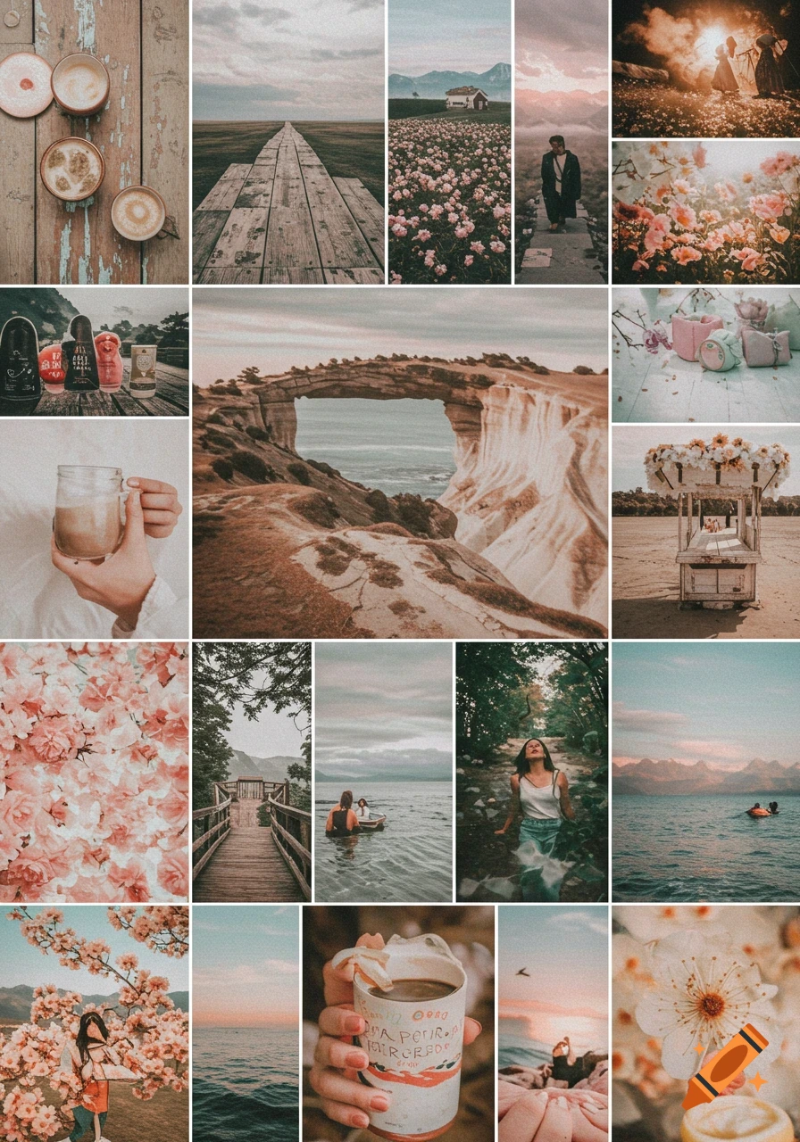 A collage of aesthetic photos including landscapes, flowers, objects, and people.