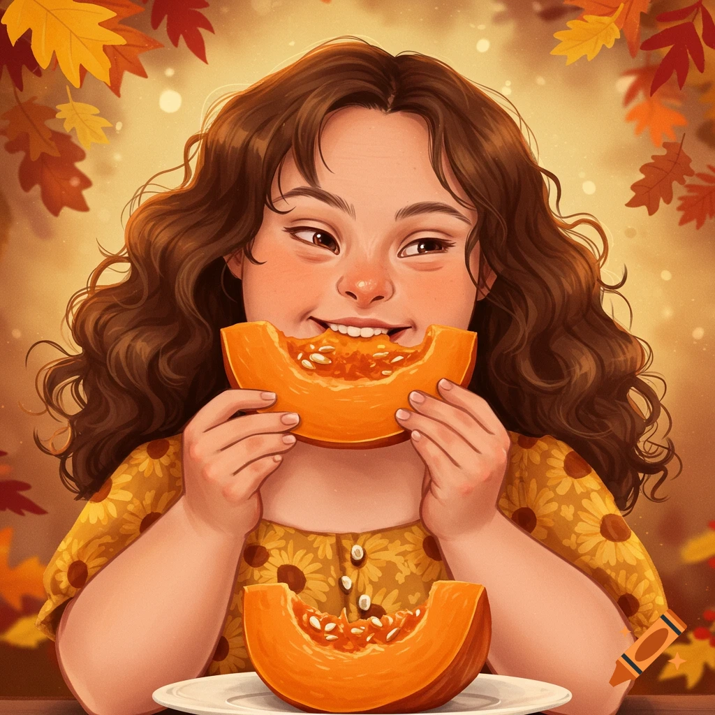 Stylized illustration of a girl with Down syndrome eating a slice of pumpkin in an autumn setting.