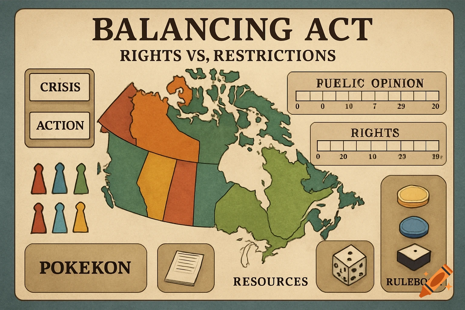 Stylized board game design for 'Balancing Act', featuring a map of Canada, trackers, tokens, and dice.