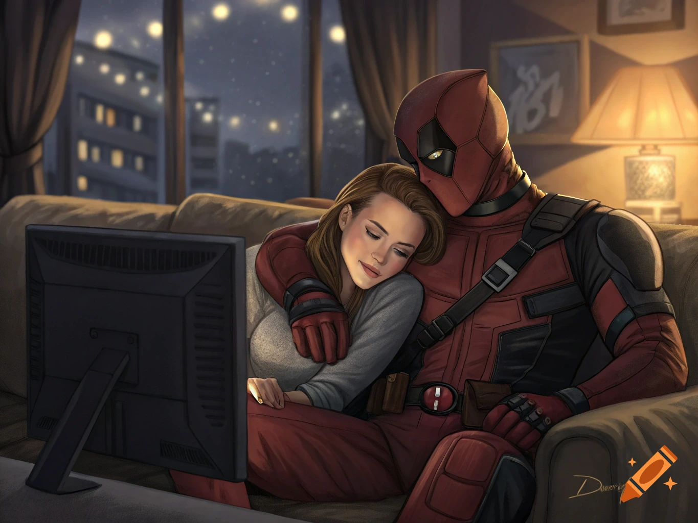 Digital painting of Deadpool and Natasha Romanoff cuddling on a couch watching TV at night.