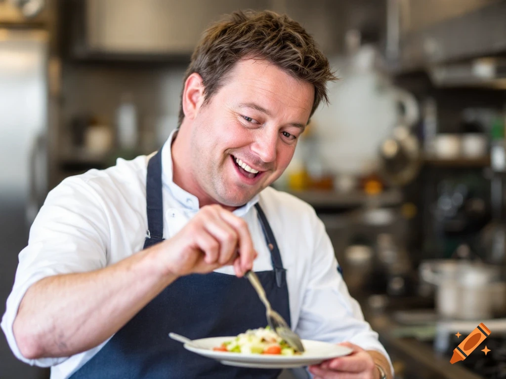 A smiling chef tastes food from a plate in a kitchen.