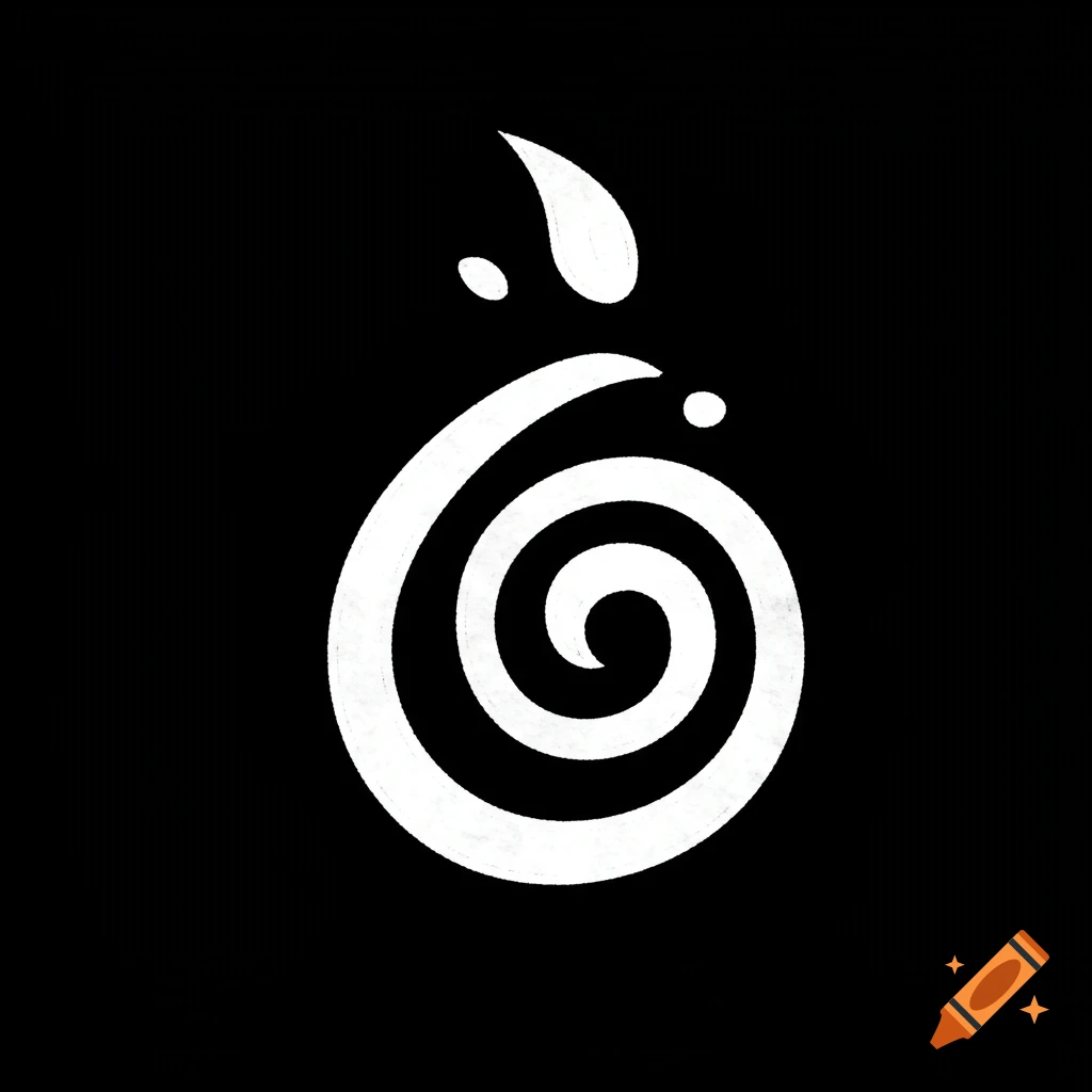 White abstract symbol with a spiral, dots, and teardrop shape on a black background