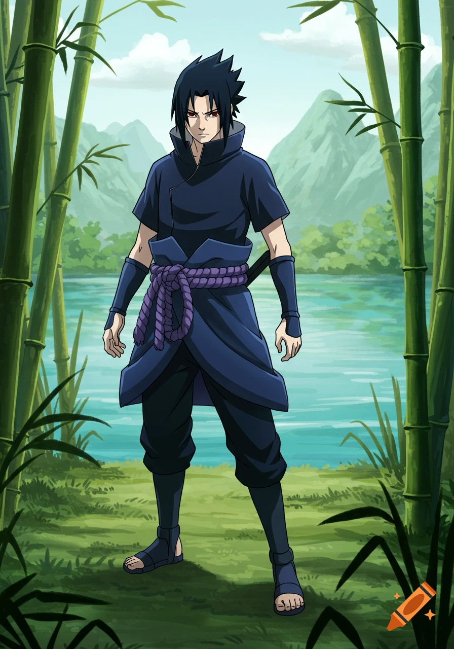Sasuke Uchiha anime illustration in a bamboo forest.