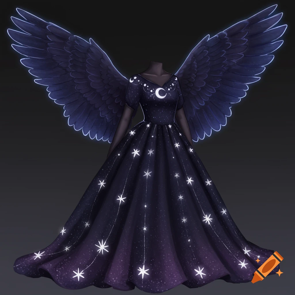 A dark dress with glowing stars, a crescent moon design, and large dark wings with a glowing outline.