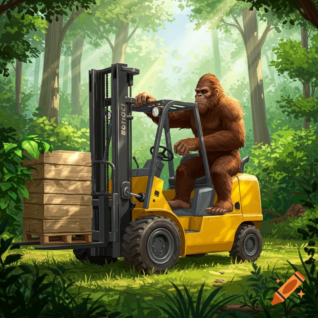 Bigfoot drives a yellow forklift, lifting wooden crates in a sunny forest.