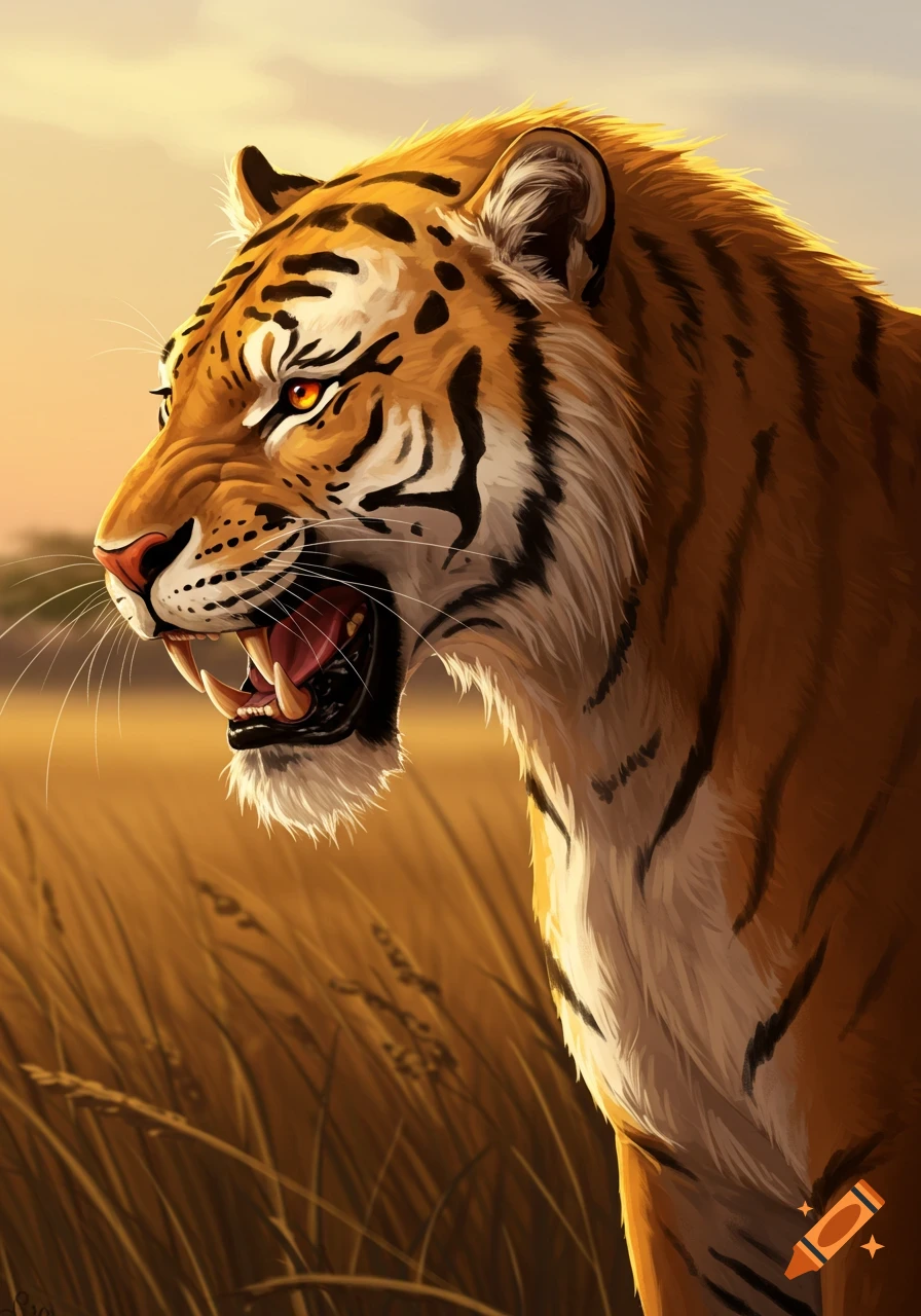 Close-up digital painting of a roaring tiger in a grassy field at sunset.