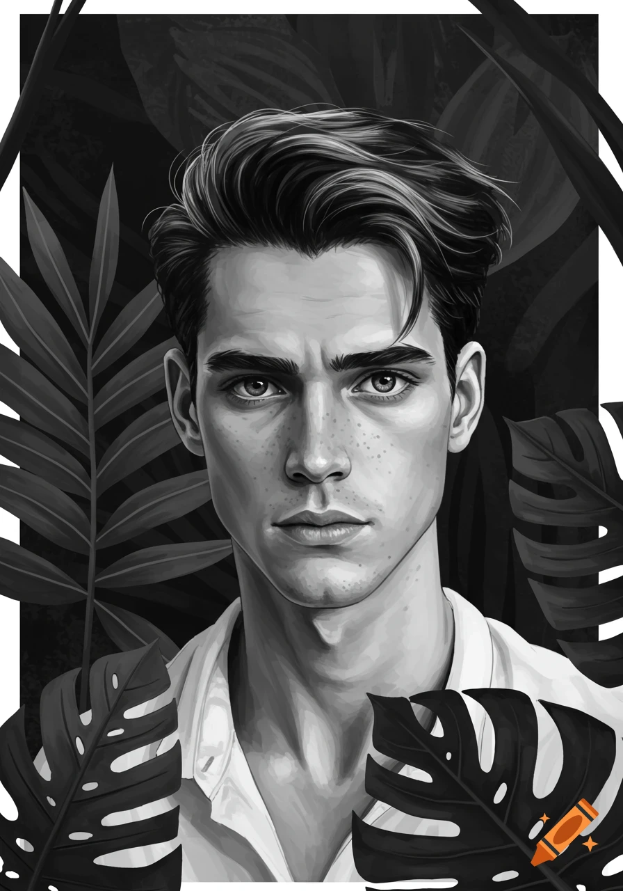 Black and white drawing of a young man's portrait, framed by large jungle leaves.