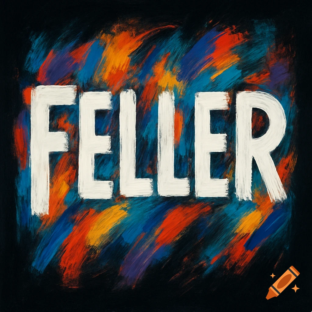 White text "FELLER" on a black background with colorful abstract brushstrokes.