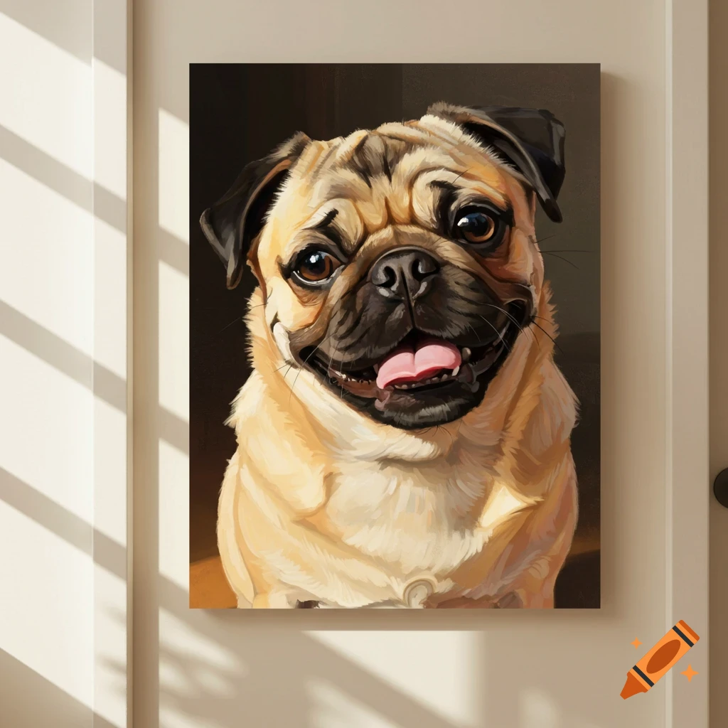 Painting of a pug hanging on a wall in a room with sunlight shadows.
