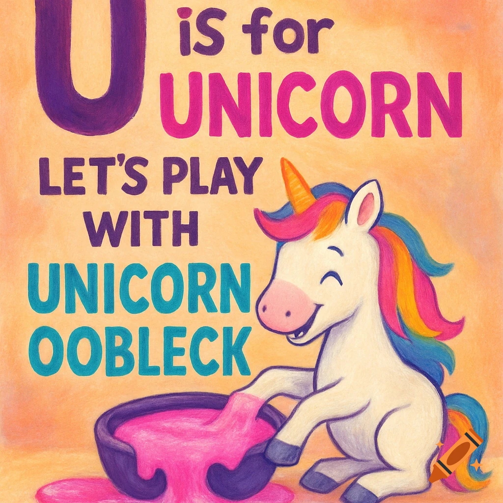 Cartoon unicorn plays with pink oobleck next to text 'U is for UNICORN LET'S PLAY WITH UNICORN OOBLECK' in crayon style.