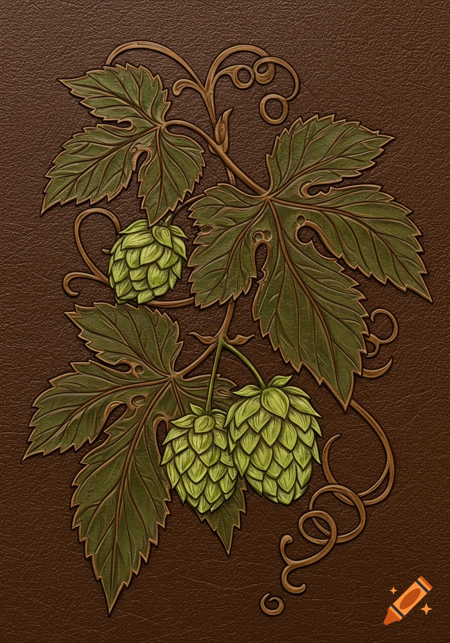 Detailed illustration of a hop plant with leaves and cones, embossed onto a brown leather texture.