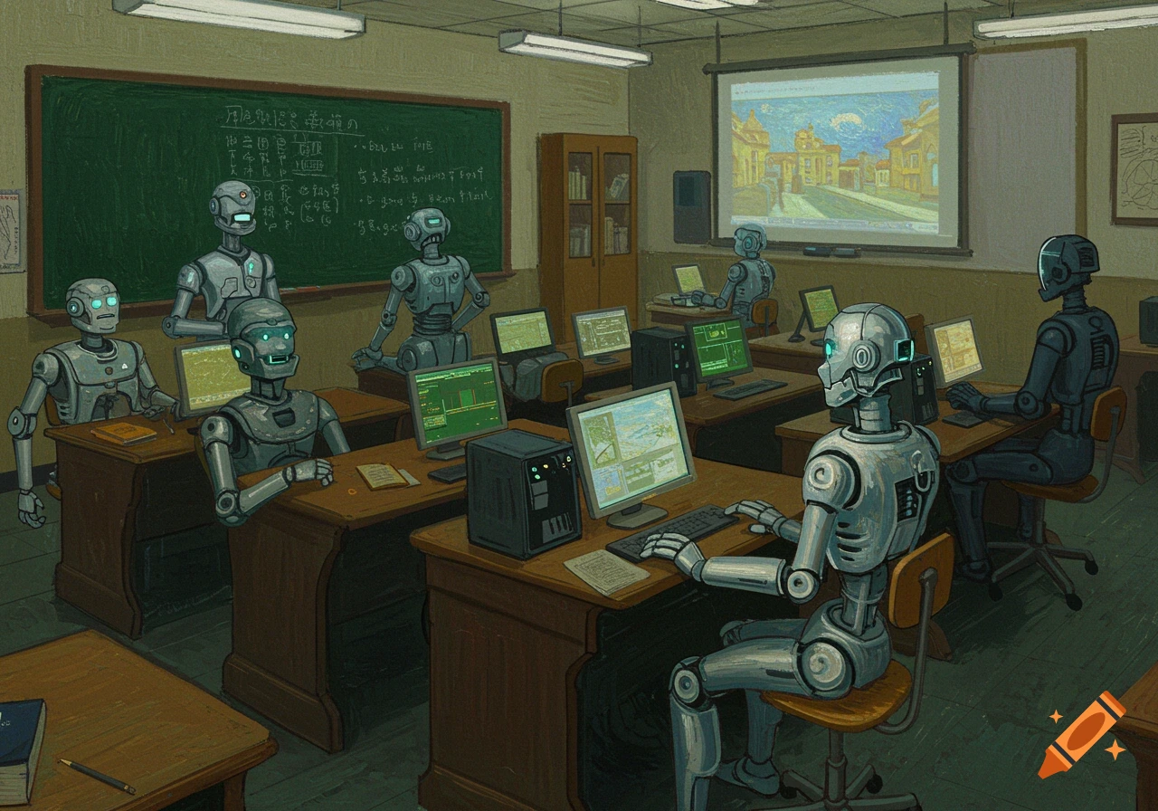 Robots in a computer lab classroom with computers and a projector screen, in a painterly art style.
