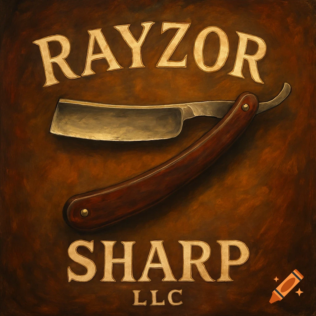 A straight razor on a brown background with the text 'RAYZOR SHARP LLC'.