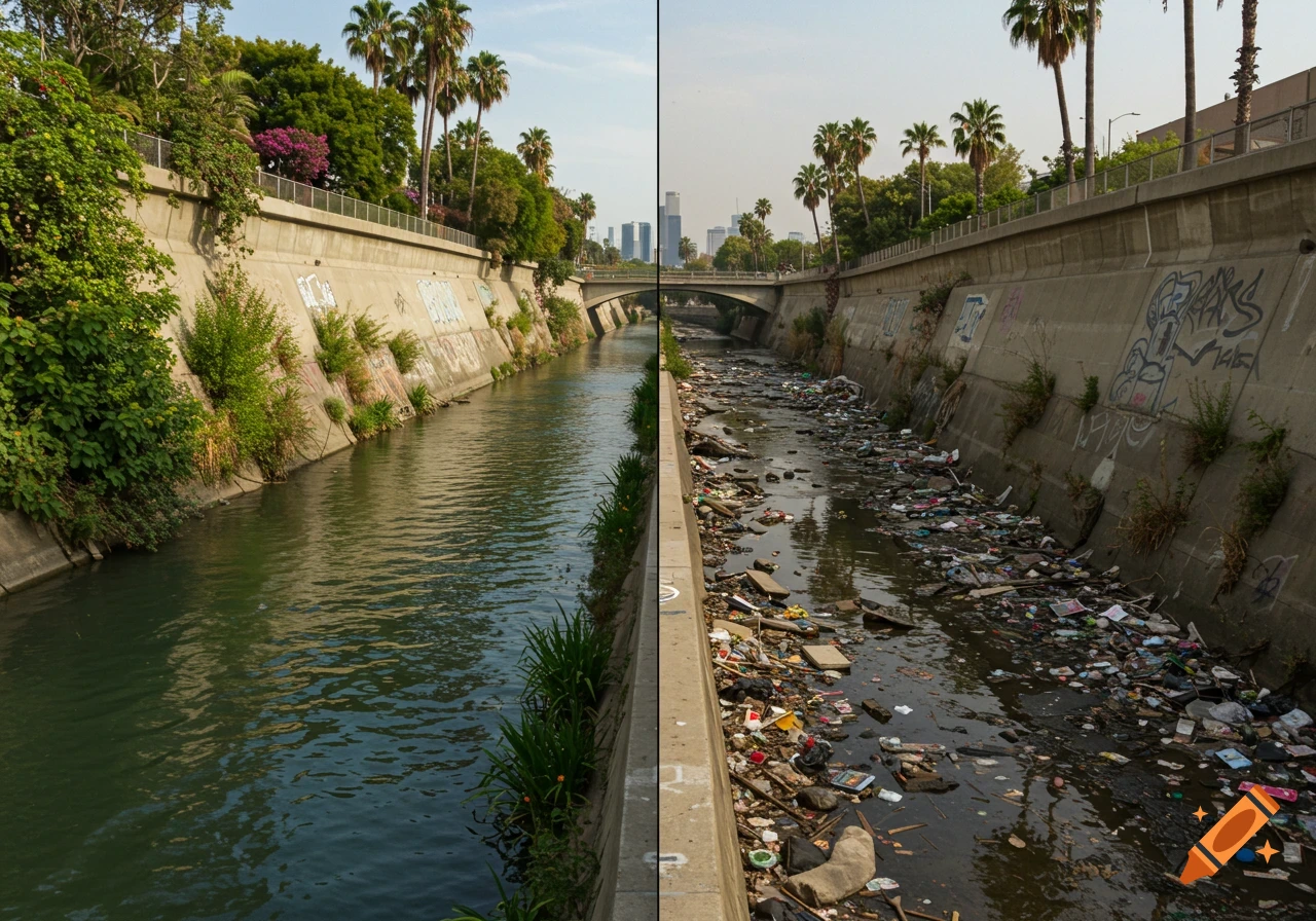 Split image showing a clean river with greenery on one side and a polluted urban river with trash and concrete on the other.