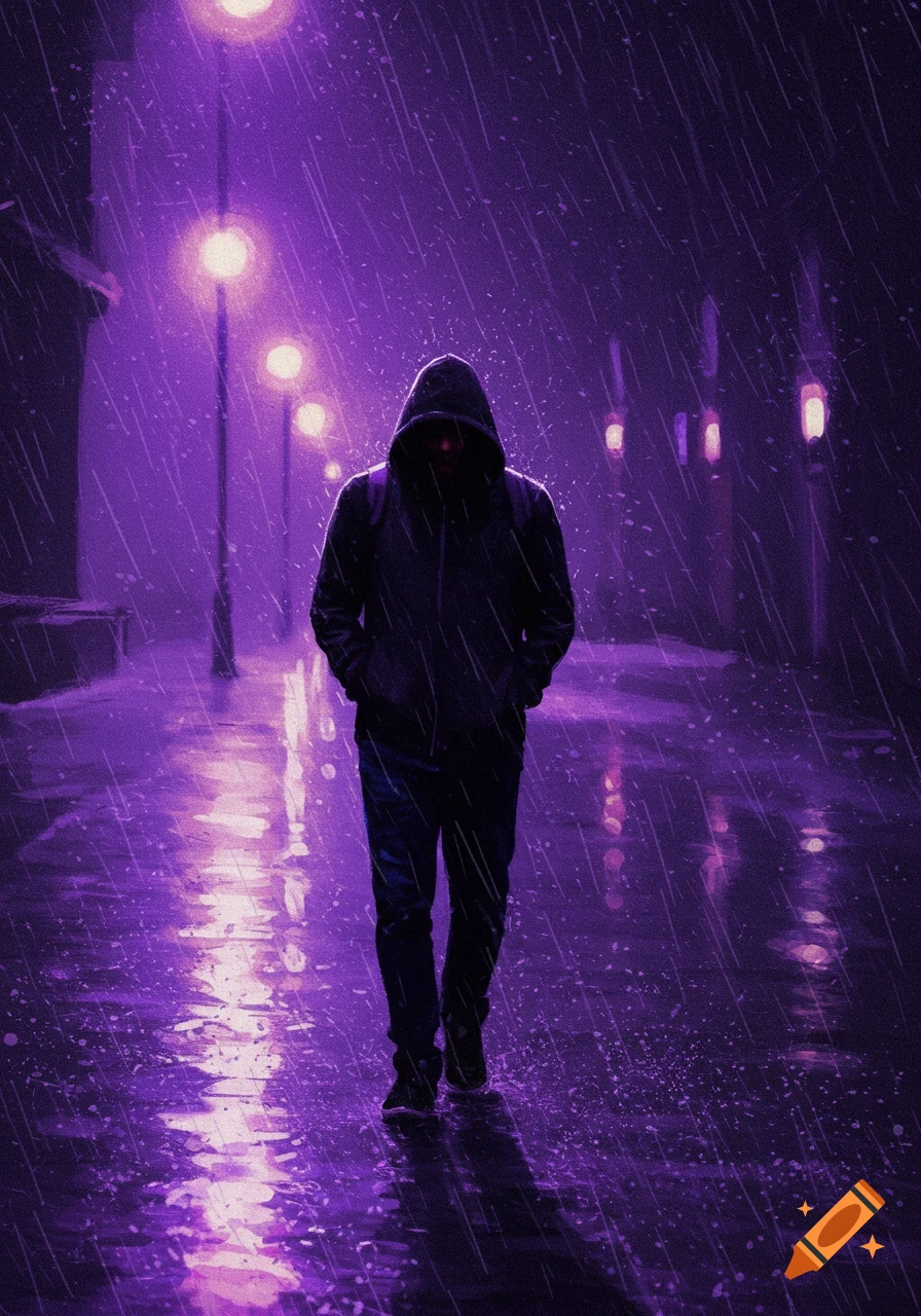 A man in a hood walks down a rainy street under purple streetlights at night.