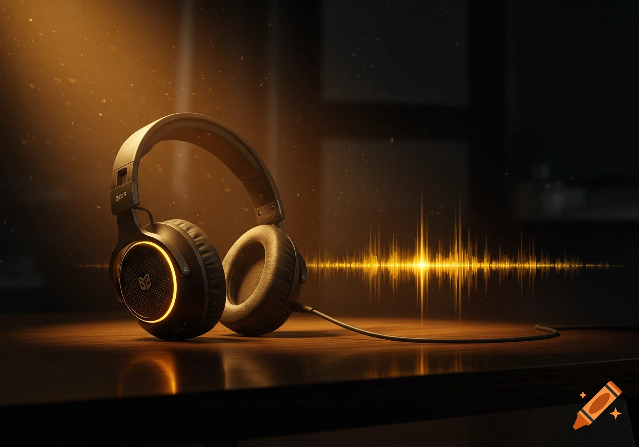 Headphones on a table with a glowing sound wave in warm light