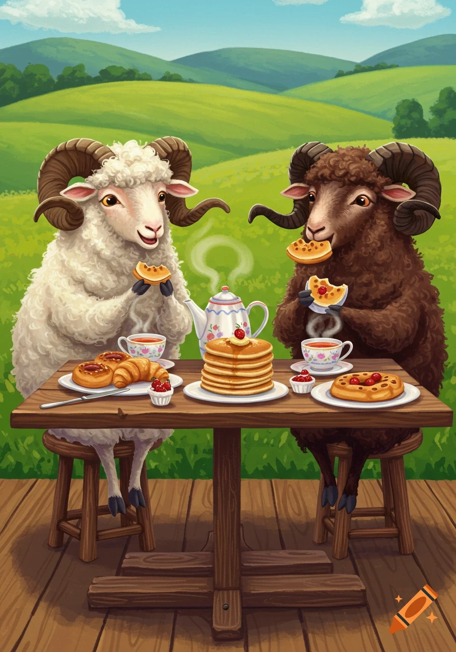 Two rams eat breakfast at a table outdoors with green hills in the background, illustration style.