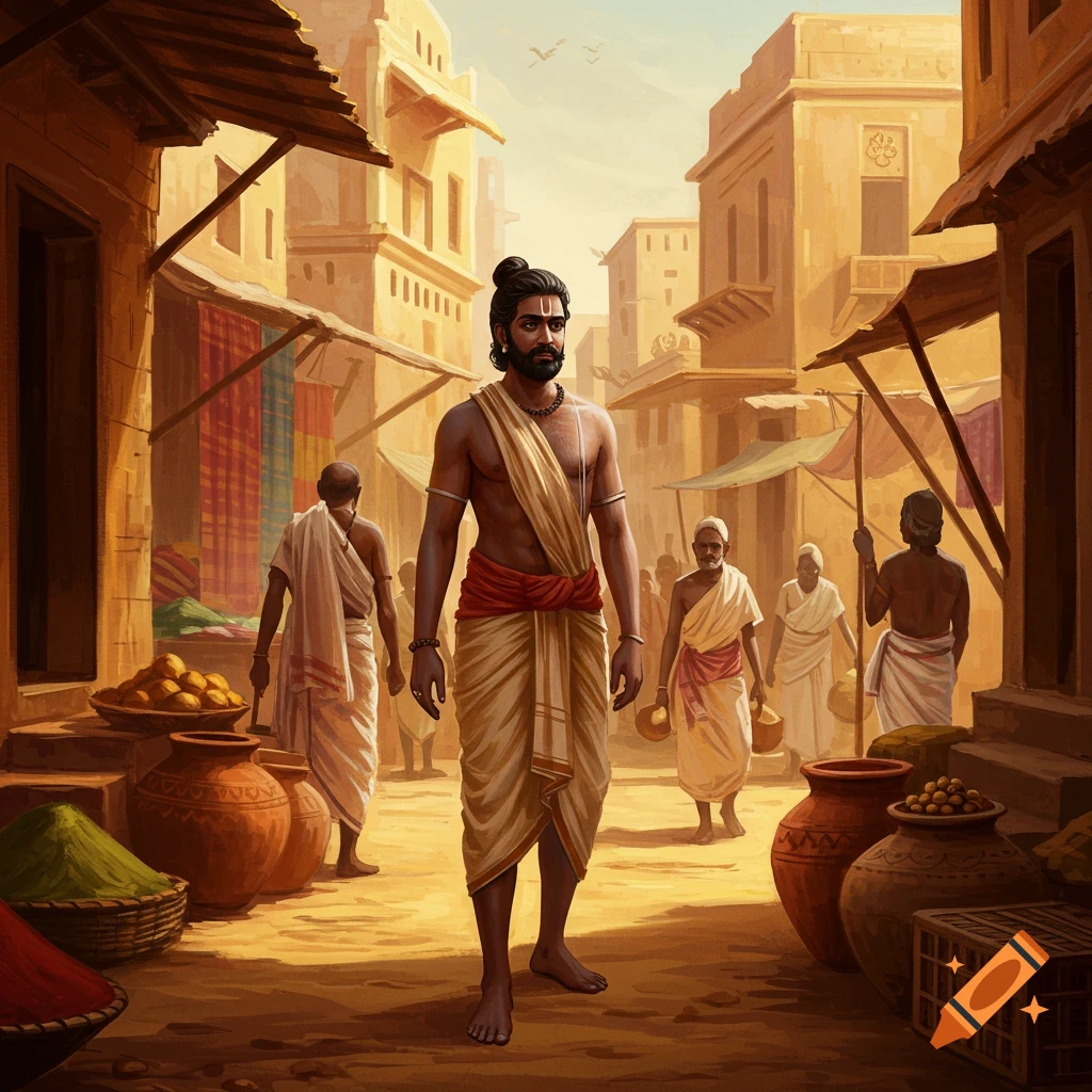 Man in traditional clothing standing in an ancient market