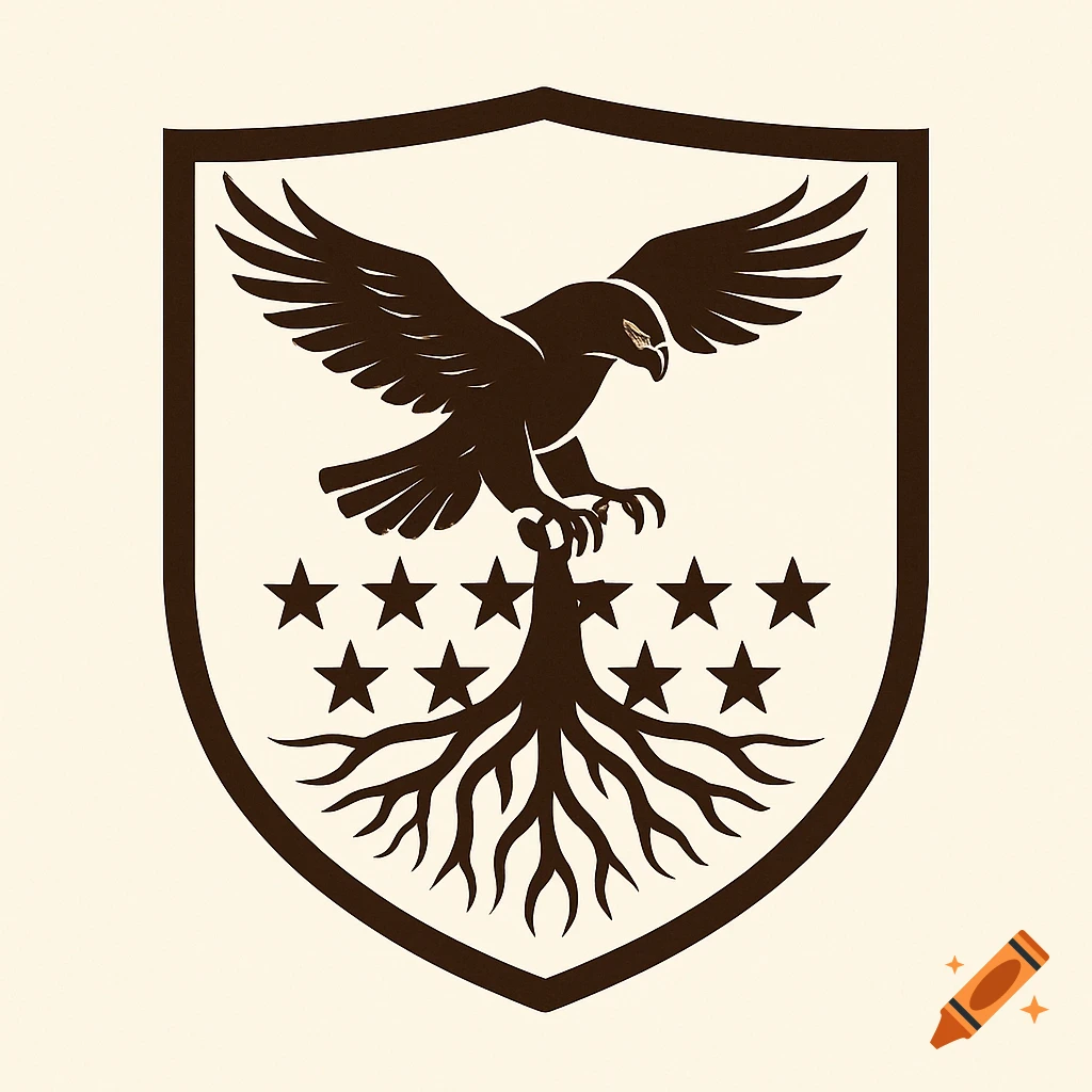 A family crest logo with an eagle above stars and roots.