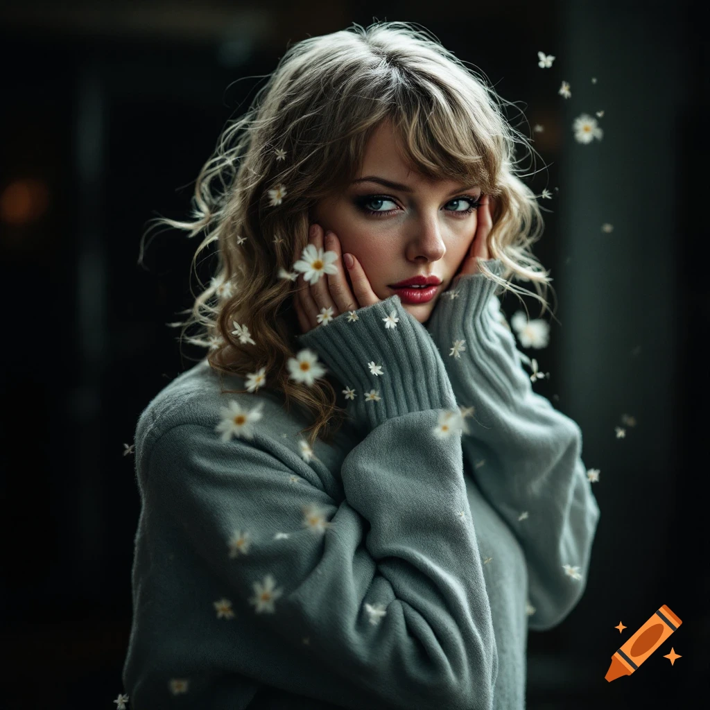 A dramatic portrait of a woman resembling Taylor Swift in a grey sweater, with small white flowers scattered around her.