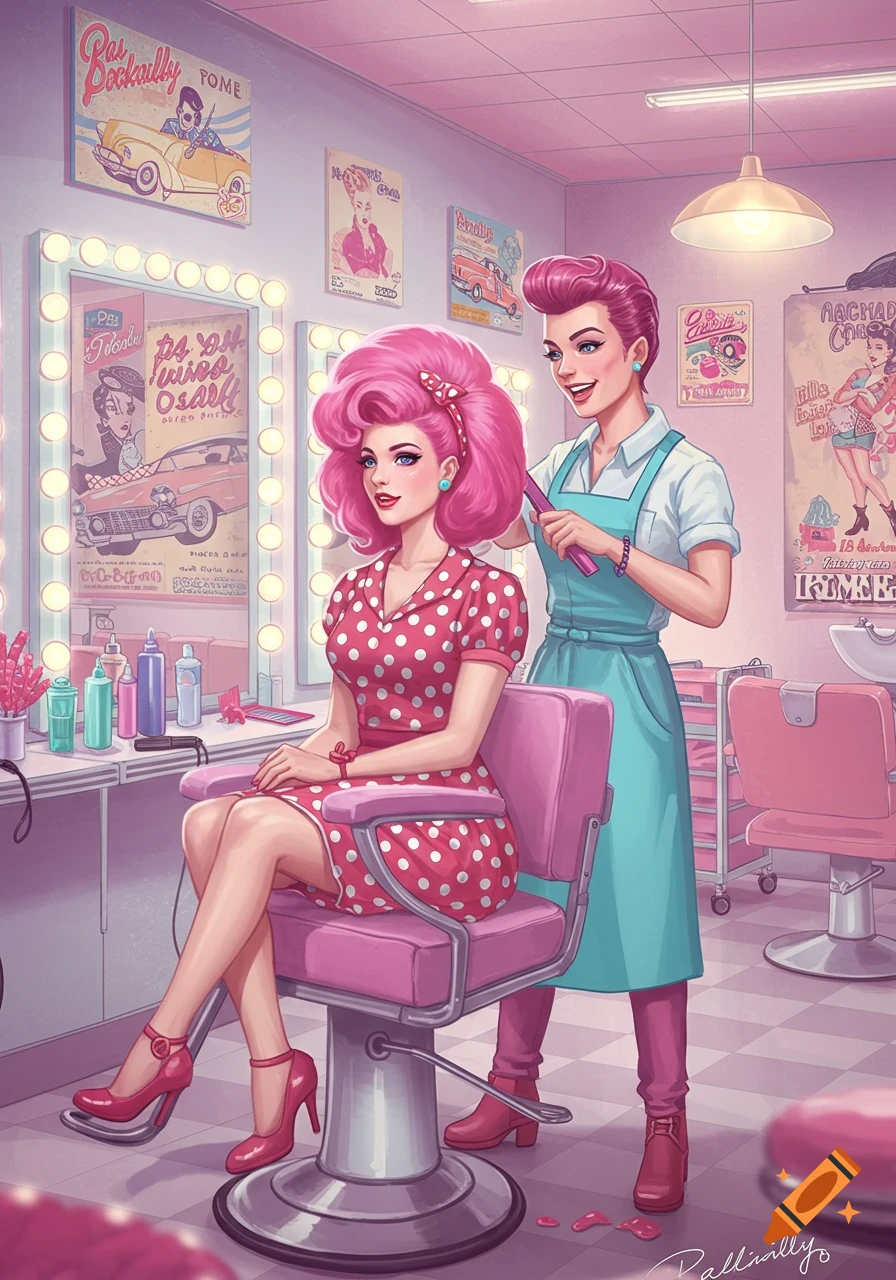 Illustration of two women in a pastel retro hair salon, one getting a voluminous pink hairstyle