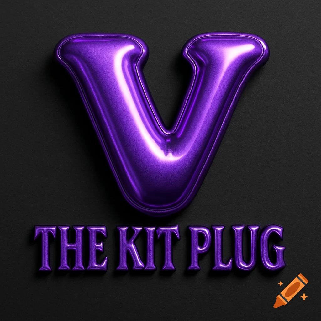 A large purple metallic 3D letter V above purple metallic text that says "THE KIT PLUG" on a dark background.