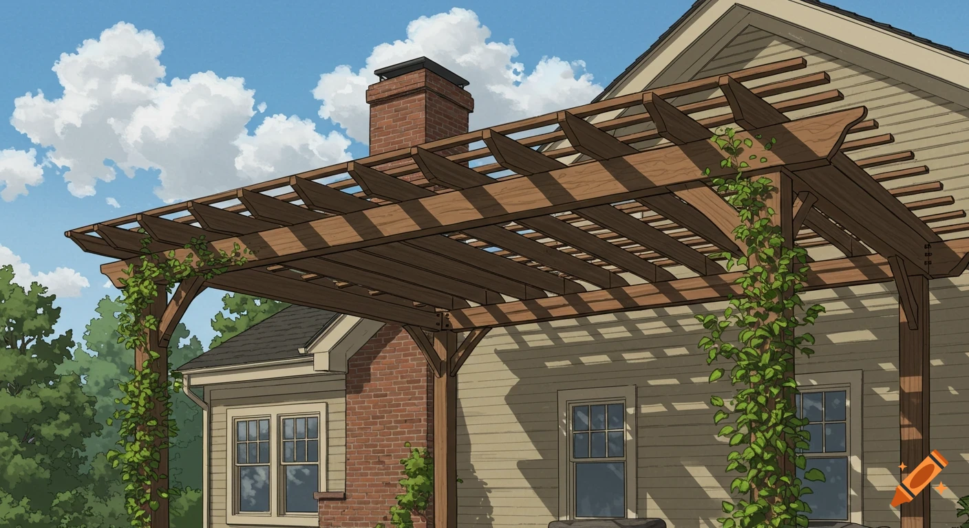 Illustration of a wooden pergola attached to a house, covered in vines, under a cloudy sky.