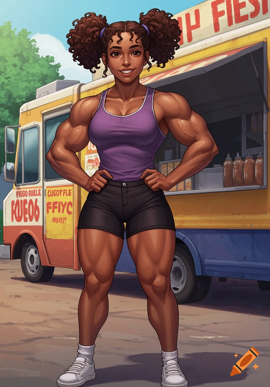 Muscular African-American woman in a tank top and shorts stands in front of a food truck, illustration style.