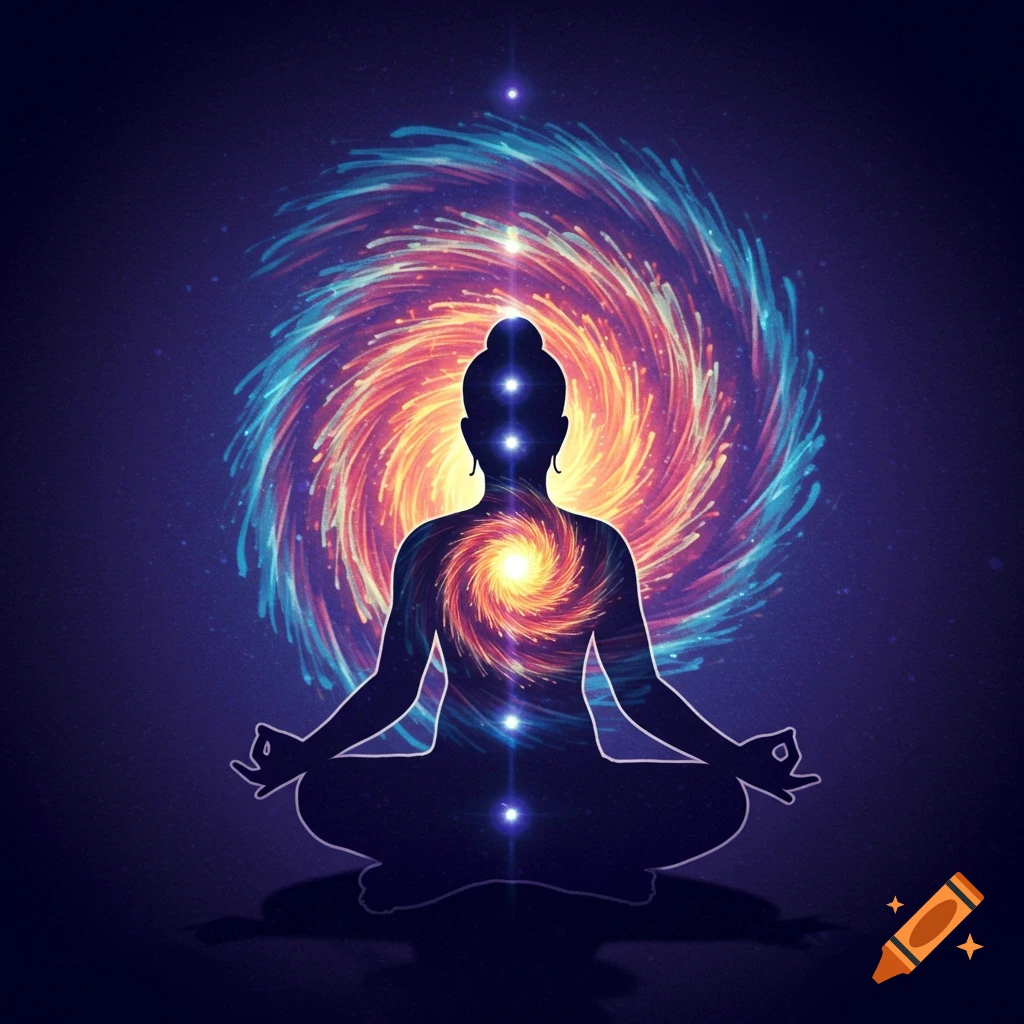 Silhouette of a person meditating in lotus pose with a cosmic energy spiral behind and within them.