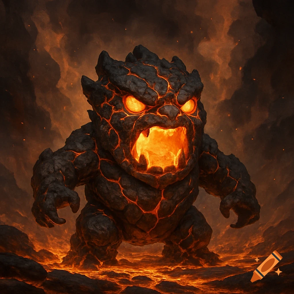 An angry, small rock and lava monster stands in a fiery volcanic environment.