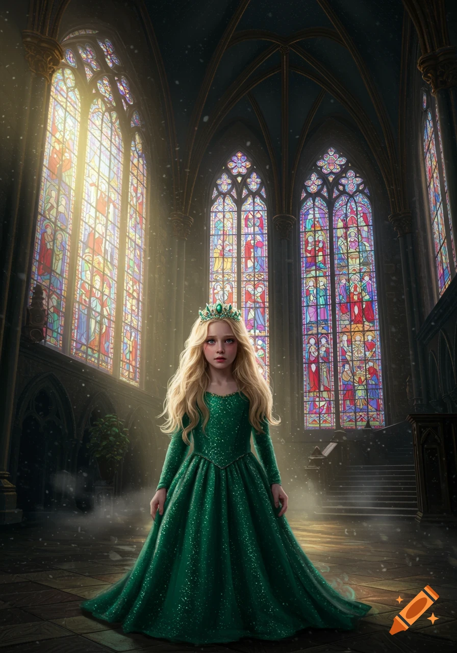 A young girl in a sparkling green dress and crown stands in a vast cathedral with large, colorful stained glass windows.