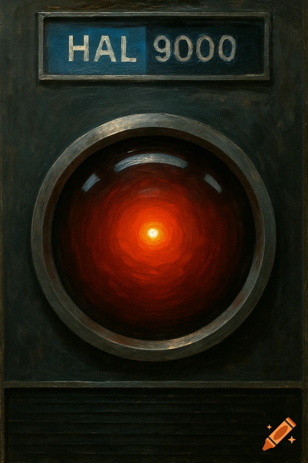 Close-up of the HAL 9000 computer eye, a red lens with a bright center, above a label reading HAL 9000. Painted style.