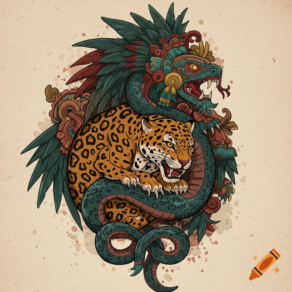 Stylized Aztec tattoo design featuring a jaguar and a feathered serpent