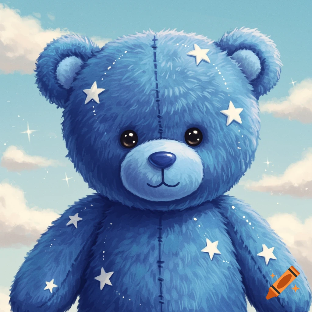A blue teddy bear covered in white stars against a cloudy blue sky, illustration style.