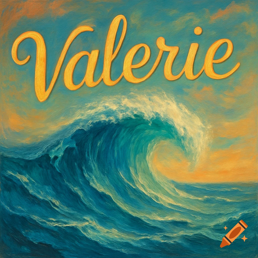 Painting of a large blue ocean wave with the yellow cursive word Valerie written above it.