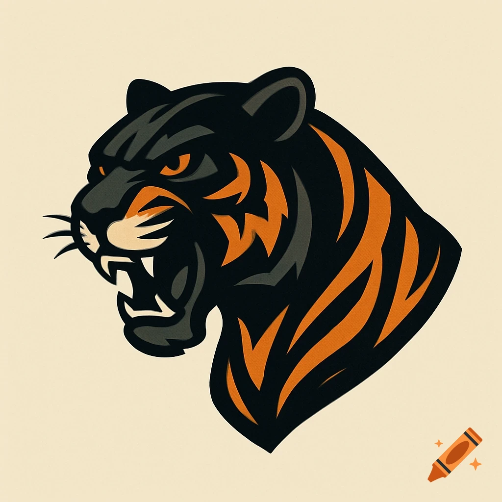 Stylized black and orange roaring tiger head logo