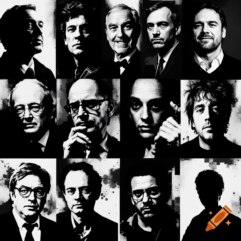 Grid of stylized black and white, high-contrast portraits of men.